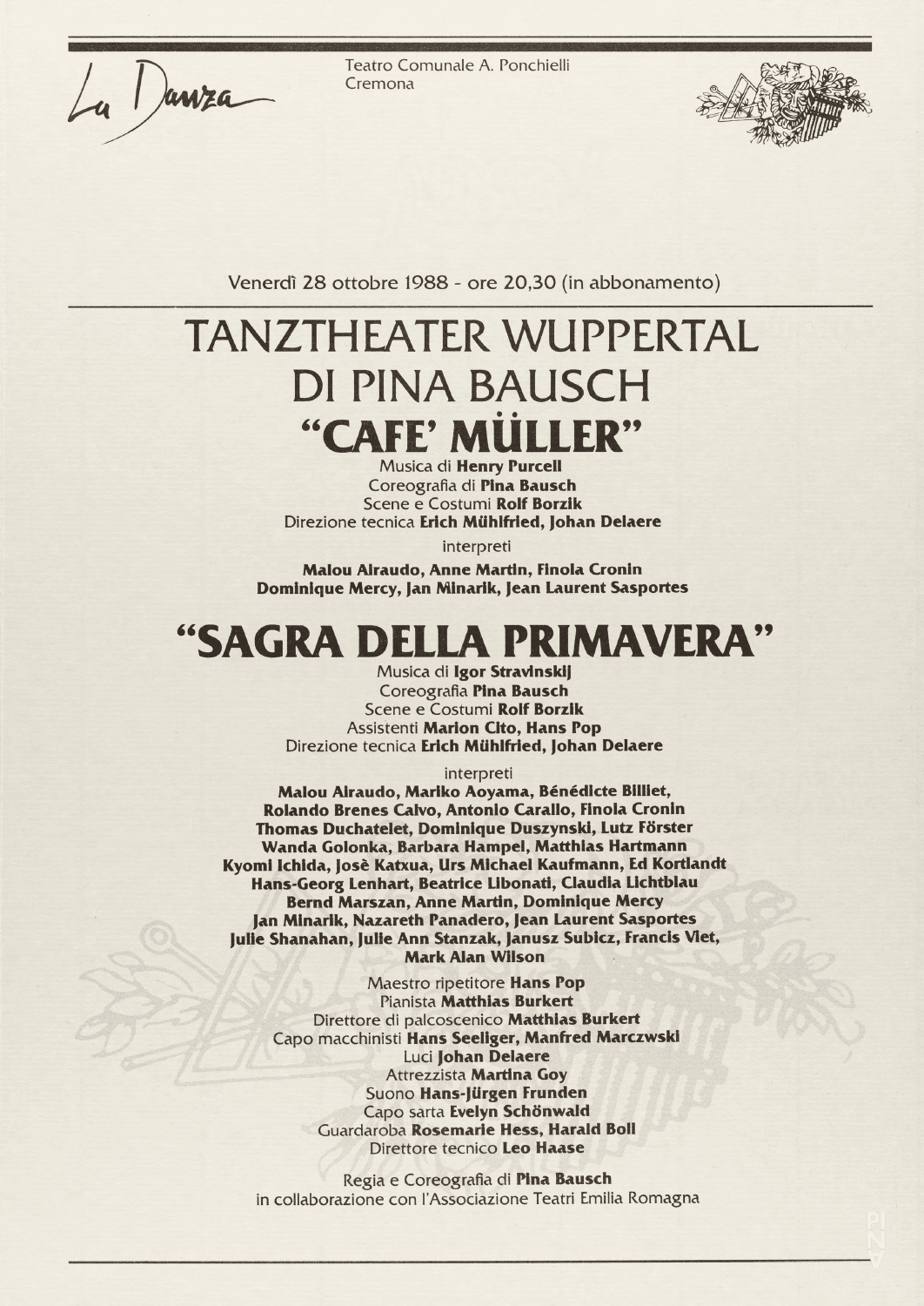 Evening leaflet for “Café Müller” and “The Rite of Spring” by Pina Bausch with Tanztheater Wuppertal in in Cremona, Oct. 28, 1988