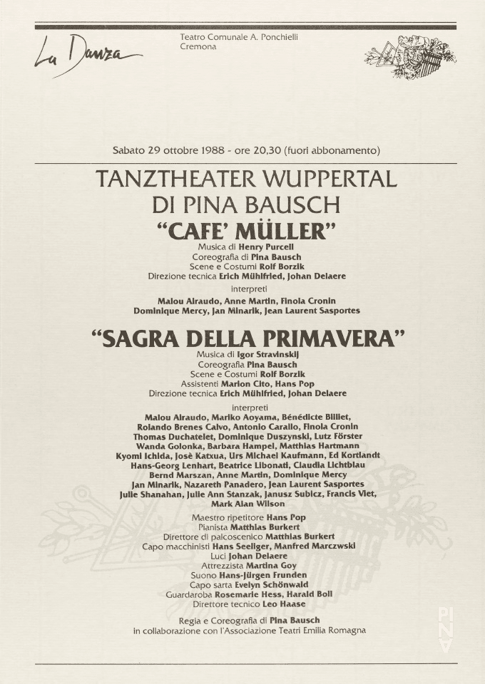 Evening leaflet for “Café Müller” and “The Rite of Spring” by Pina Bausch with Tanztheater Wuppertal in in Cremona, Oct. 29, 1988