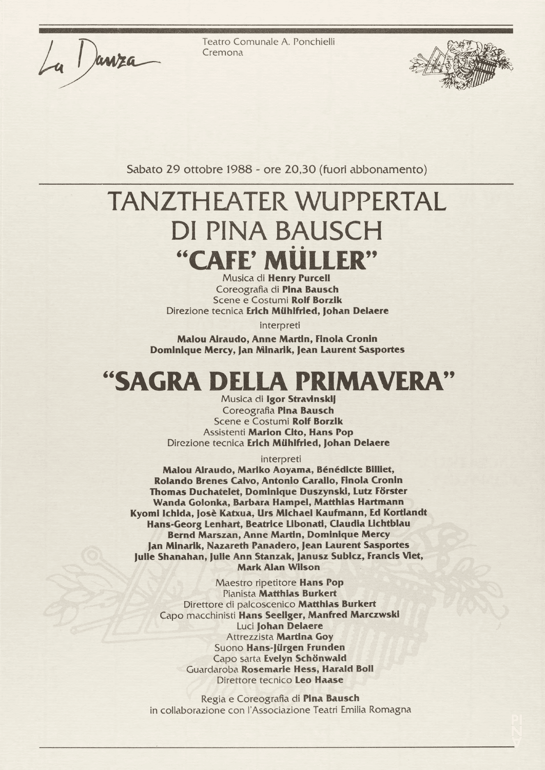 Abendzettel zu „Café Müller“ und „Das Frühlingsopfer“ von Pina Bausch mit Tanztheater Wuppertal in Cremona, 29. Oktober 1988