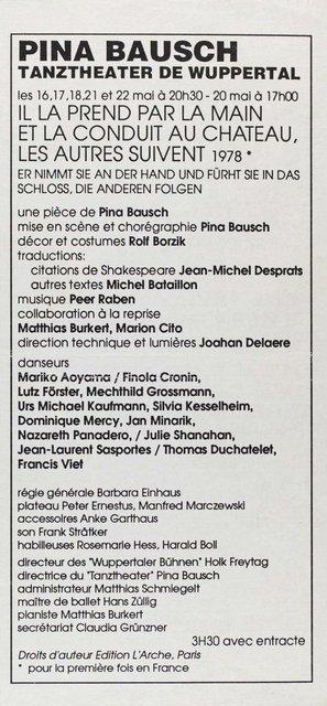 Programme pour « Il la prend par la main et la conduit au château, les autres suivent » de Pina Bausch avec Tanztheater Wuppertal à Paris, 16 mai 1990 – 22 mai 1990