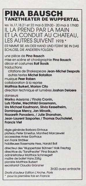 Evening leaflet for “He Takes Her by The Hand and Leads Her Into the Castle, The Others Follow” by Pina Bausch with Tanztheater Wuppertal in in Paris, 05/16/1990 – 05/22/1990