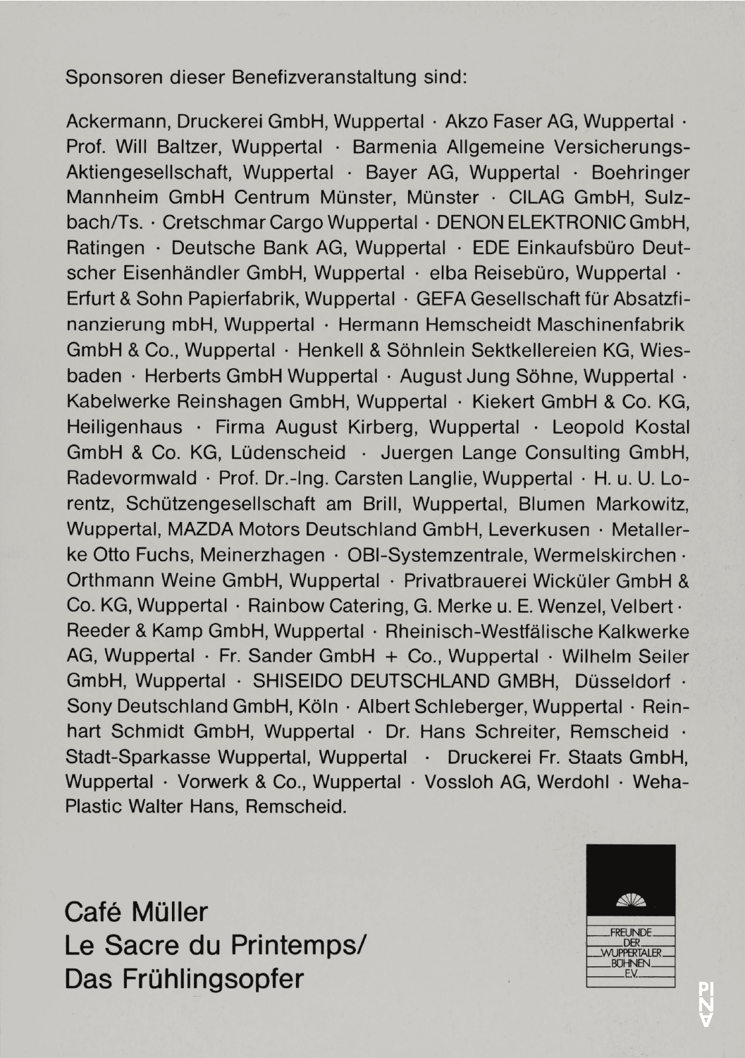 Insert for “The Rite of Spring” and “Café Müller” by Pina Bausch with Tanztheater Wuppertal in in Wuppertal, June 9, 1993