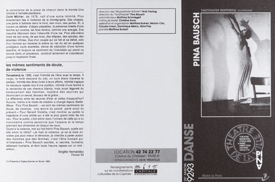 Programme pour « Tanzabend II », « Café Müller » et « Le Sacre du printemps » de Pina Bausch avec Tanztheater Wuppertal à Paris, 15 juin 1993 – 27 juin 1993