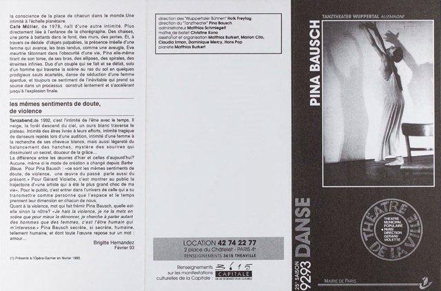 Booklet for “Tanzabend II”, “Café Müller” and “The Rite of Spring” by Pina Bausch with Tanztheater Wuppertal in in Paris, 06/15/1993 – 06/27/1993