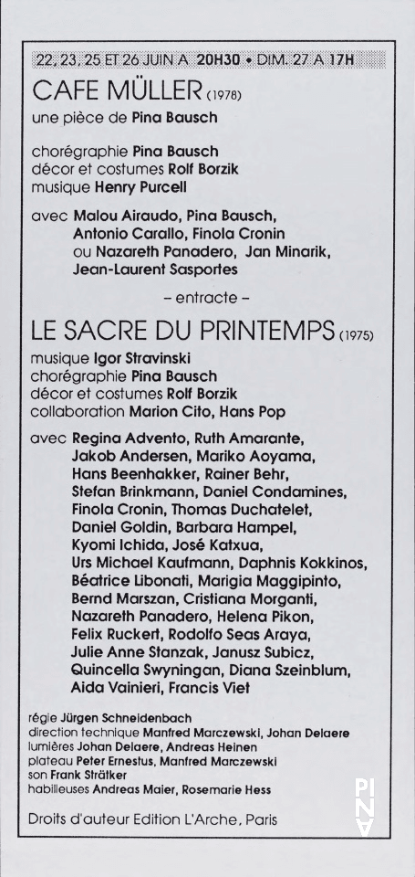 Abendzettel zu „Café Müller“ und „Das Frühlingsopfer“ von Pina Bausch mit Tanztheater Wuppertal in Paris, 22.06.1993–27.06.1993