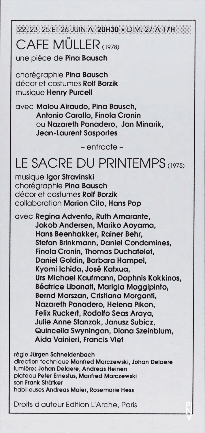 Evening leaflet for “Café Müller” and “The Rite of Spring” by Pina Bausch with Tanztheater Wuppertal in in Paris, 06/22/1993 – 06/27/1993