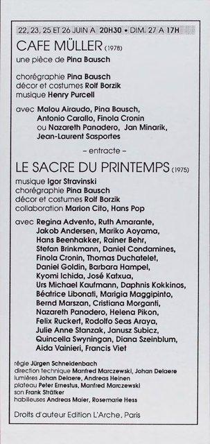 Programme pour « Café Müller » et « Le Sacre du printemps » de Pina Bausch avec Tanztheater Wuppertal à Paris, 22 juin 1993 – 27 juin 1993