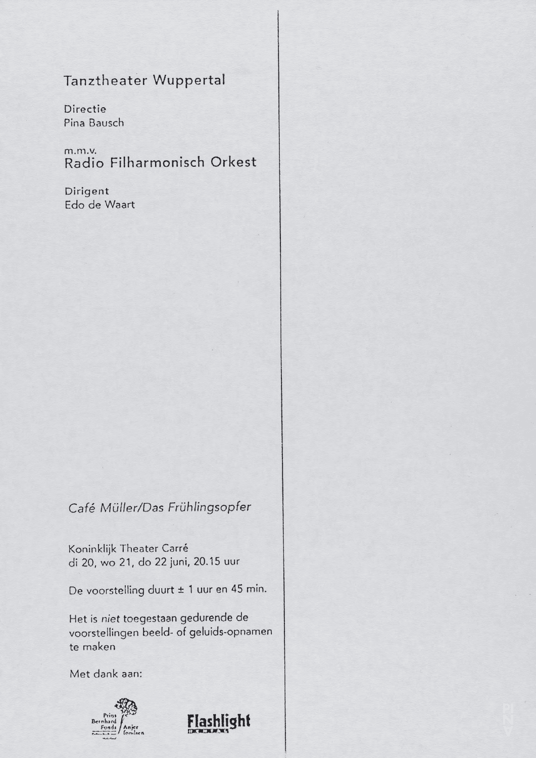 Evening leaflet for “Café Müller” and “The Rite of Spring” by Pina Bausch with Tanztheater Wuppertal in in Amsterdam, 06/20/1995 – 06/22/1995