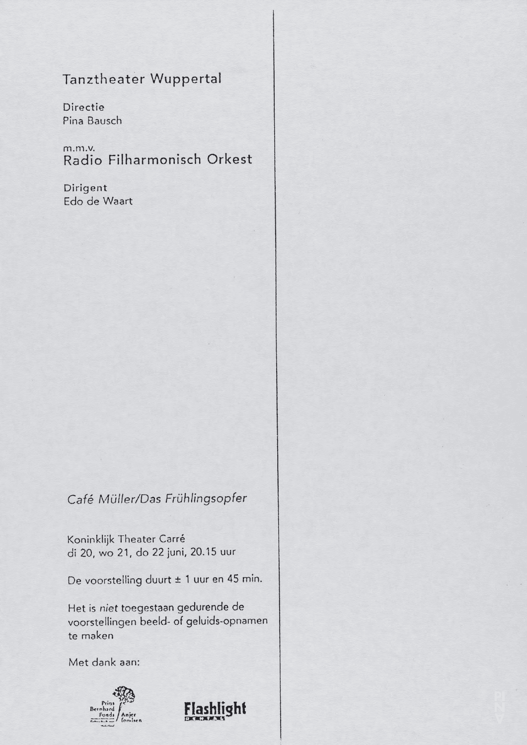 Programme pour « Café Müller » et « Le Sacre du printemps » de Pina Bausch avec Tanztheater Wuppertal à Amsterdam, 20 juin 1995 – 22 juin 1995
