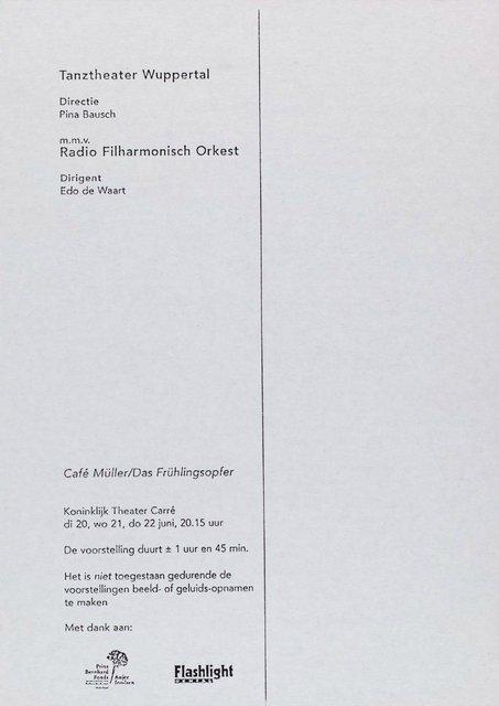 Abendzettel zu „Café Müller“ und „Das Frühlingsopfer“ von Pina Bausch mit Tanztheater Wuppertal in Amsterdam, 20.06.1995–22.06.1995