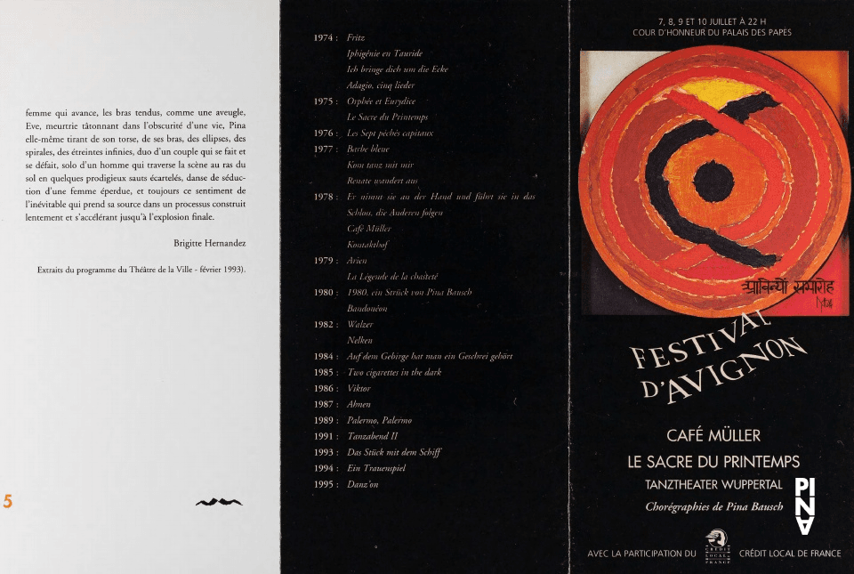 Programme pour « Café Müller » et « Le Sacre du printemps » de Pina Bausch avec Tanztheater Wuppertal en  Avignon, 7 juil. 1995 – 10 juil. 1995