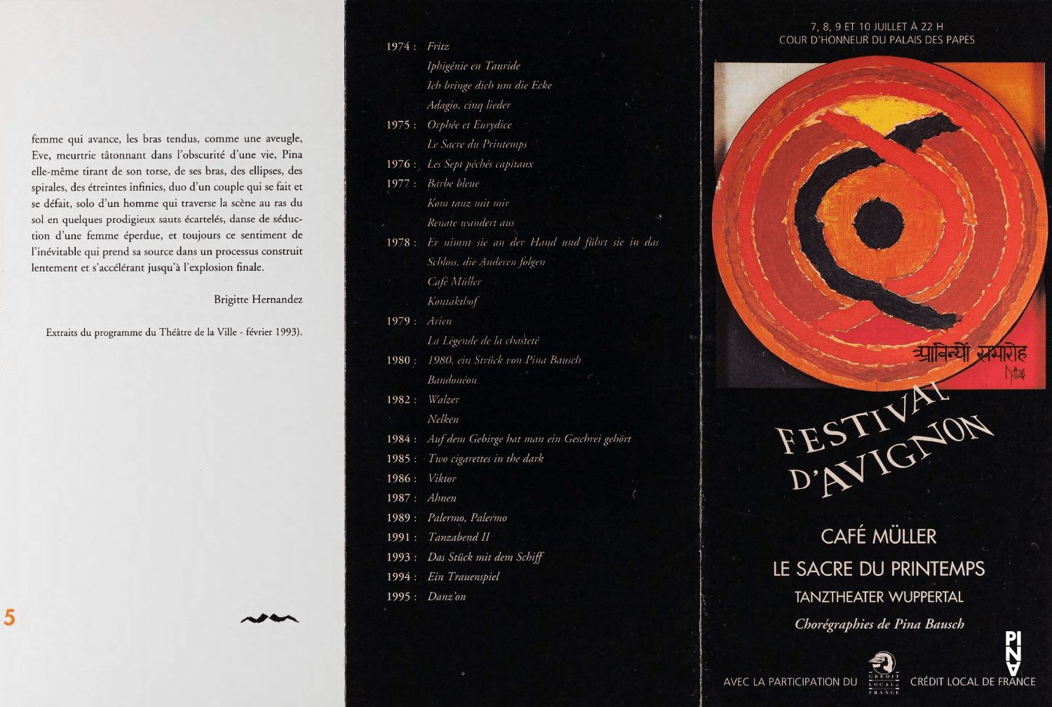 Programme pour « Café Müller » et « Le Sacre du printemps » de Pina Bausch avec Tanztheater Wuppertal en  Avignon, 7 juil. 1995 – 10 juil. 1995