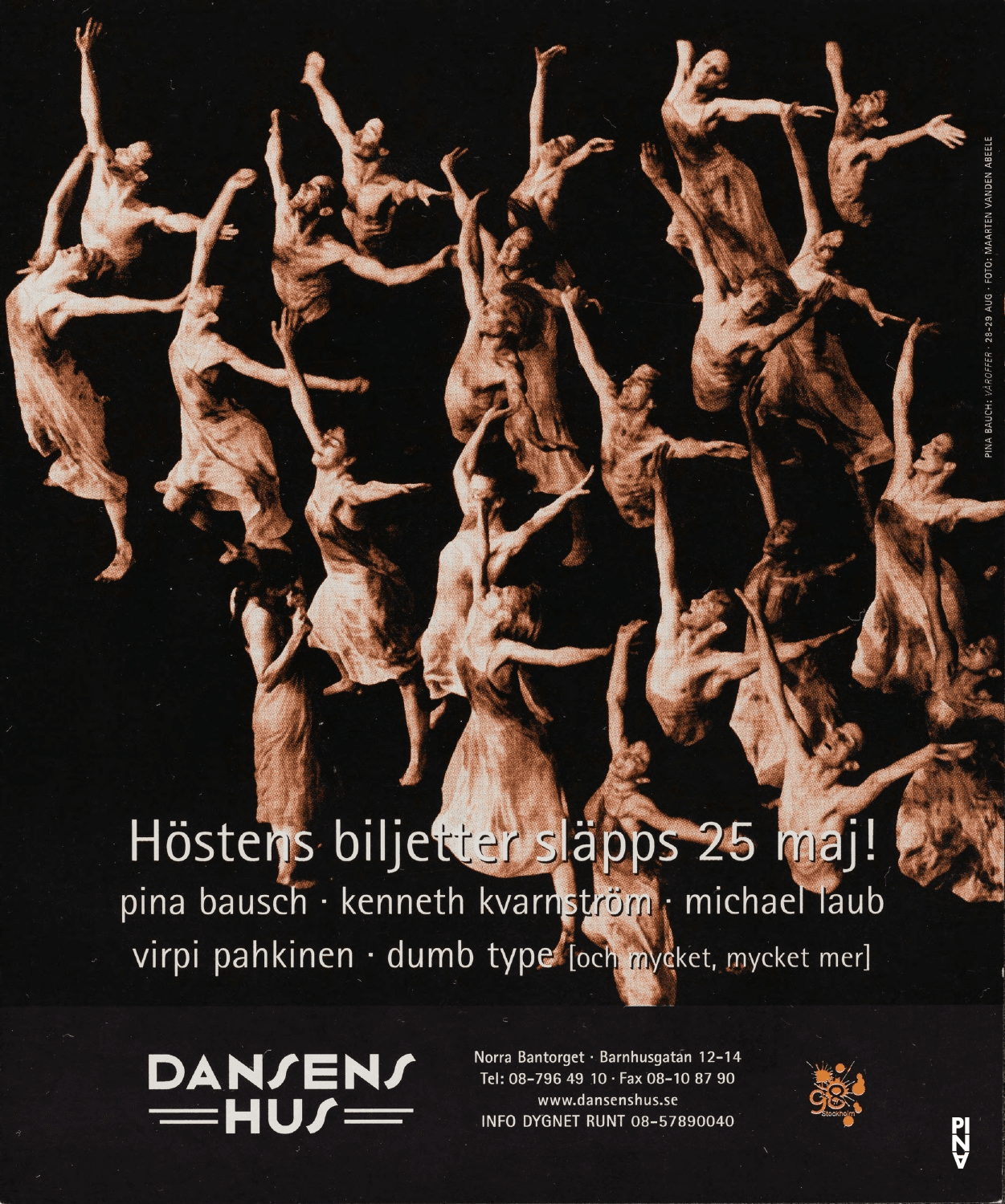 Flyer for “Der Fensterputzer (The Window Washer)”, “Café Müller” and “The Rite of Spring” by Pina Bausch with Tanztheater Wuppertal in in Stockholm, 08/21/1998 – 08/30/1998