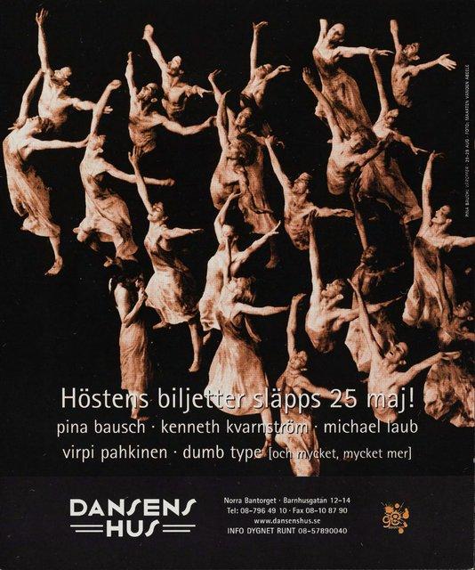 Flyer for “Der Fensterputzer (The Window Washer)”, “Café Müller” and “The Rite of Spring” by Pina Bausch with Tanztheater Wuppertal in in Stockholm, 08/21/1998 – 08/30/1998