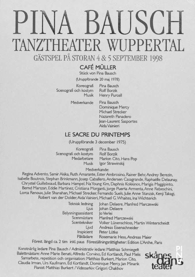 Evening leaflet for “Café Müller” and “The Rite of Spring” by Pina Bausch with Tanztheater Wuppertal in in Malmö, 09/04/1998 – 09/05/1998