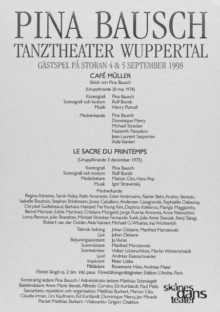 Programme pour « Café Müller » et « Le Sacre du printemps » de Pina Bausch avec Tanztheater Wuppertal à Malmö, 4 sept. 1998 – 5 sept. 1998