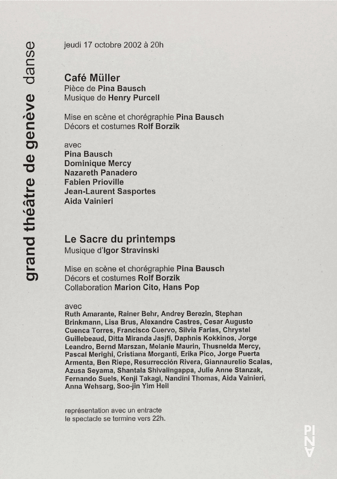 Programme pour « Café Müller » et « Le Sacre du printemps » de Pina Bausch avec Tanztheater Wuppertal à Genève, 17 octobre 2002