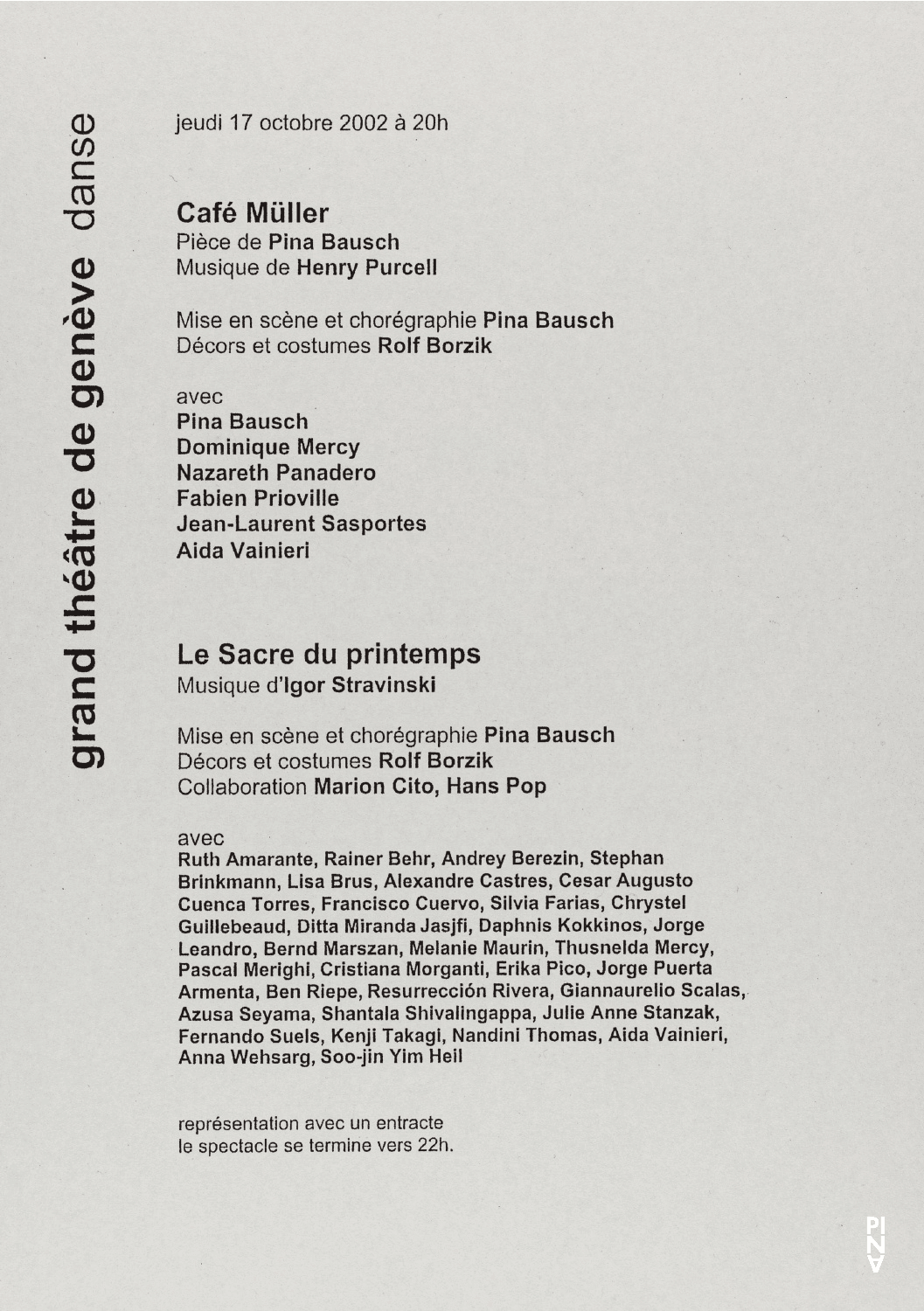 Abendzettel zu „Café Müller“ und „Das Frühlingsopfer“ von Pina Bausch mit Tanztheater Wuppertal in Genf, 17. Oktober 2002