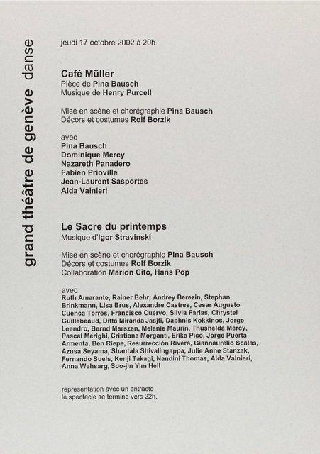 Programme pour « Café Müller » et « Le Sacre du printemps » de Pina Bausch avec Tanztheater Wuppertal à Genève, 17 octobre 2002