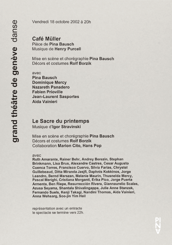 Programme pour « Café Müller » et « Le Sacre du printemps » de Pina Bausch avec Tanztheater Wuppertal à Genève, 18 octobre 2002