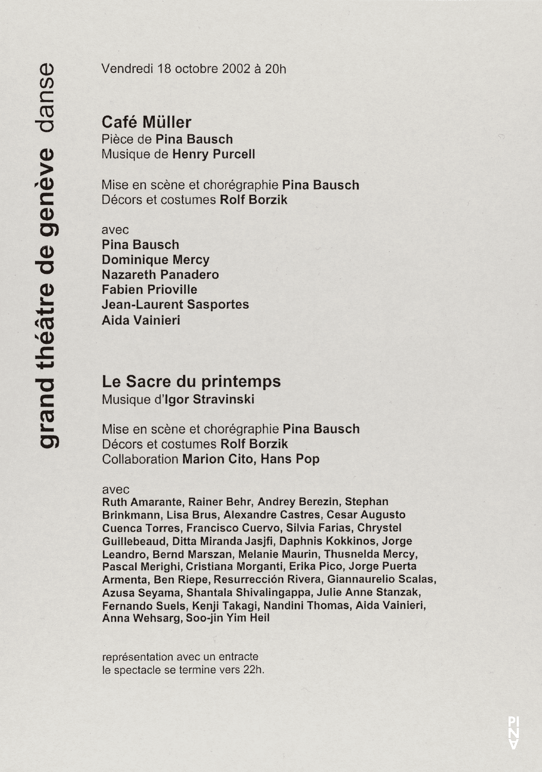 Evening leaflet for “Café Müller” and “The Rite of Spring” by Pina Bausch with Tanztheater Wuppertal in in Geneva, Oct. 18, 2002