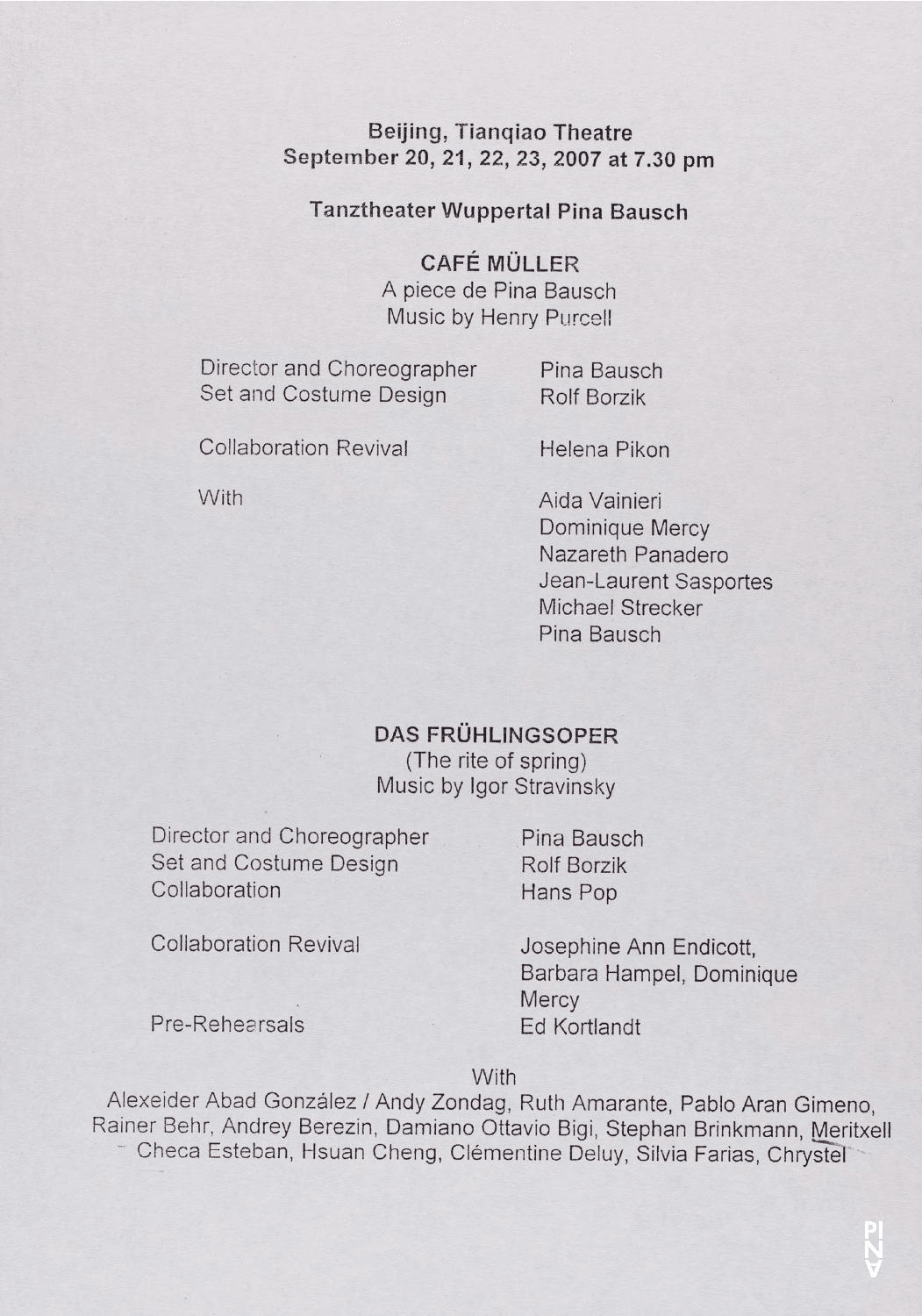 Programme pour « Café Müller » et « Le Sacre du printemps » de Pina Bausch avec Tanztheater Wuppertal à Beijing, 20 sept. 2007 – 23 sept. 2007