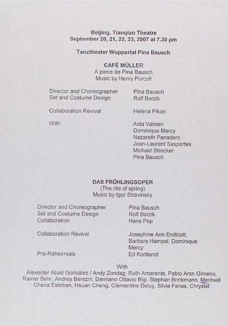 Evening leaflet for “Café Müller” and “The Rite of Spring” by Pina Bausch with Tanztheater Wuppertal in in Beijing, 09/20/2007 – 09/23/2007