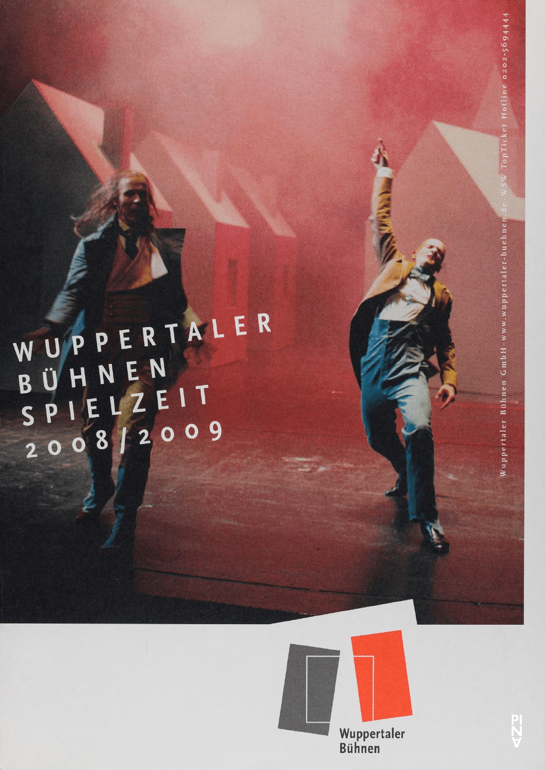 Programme de la saison pour « Bamboo Blues », « Nelken (Les œillets) », « Vollmond (Pleine lune) » et autres de Pina Bausch avec Tanztheater Wuppertal, « Kontakthof. Avec des jeunes de plus de 14 ans » de Pina Bausch avec Kontakthof-Ensemble Teenager ab ´14 et « Kontakthof. Avec des dames et messieurs de plus de 65 ans » de Pina Bausch avec Kontakthof-Ensemble Damen und Herren ab ´65 à Wuppertal, 2 oct. 2008 – 21 juin 2009