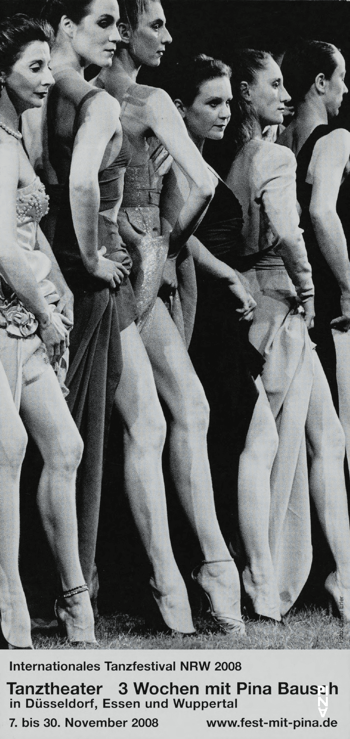 Flyer for “Kontakthof. With Teenagers over 14” by Pina Bausch with Kontakthof-Ensemble Teenager ab ´14, “Kontakthof. With Ladies and Gentlemen over 65” by Pina Bausch with Kontakthof-Ensemble Damen und Herren ab ´65 and “Café Müller”, “The Rite of Spring”, “Vollmond (Full Moon)” and more by Pina Bausch with Tanztheater Wuppertal in in Düsseldorf, Essen and Wuppertal, 11/07/2008 – 11/30/2008