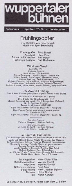 Abendzettel zu „Das Frühlingsopfer“, „Der zweite Frühling“ und „Wind von West“ von Pina Bausch in Wuppertal, Spielzeit 1975/76
