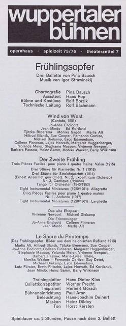 Programme pour « Der zweite Frühling », « Le Sacre du printemps » et « Wind von West » de Pina Bausch à Wuppertal, saison 1975/76