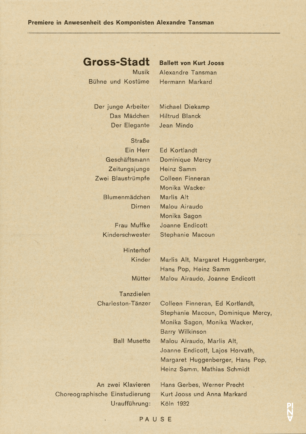 Programme pour « Adagio – Fünf Lieder von Gustav Mahler » et « Ich bring dich um die Ecke… » de Pina Bausch avec Tanztheater Wuppertal et « Gross-Stadt » de Kurt Jooss avec Tanztheater Wuppertal à Wuppertal, 8 décembre 1974