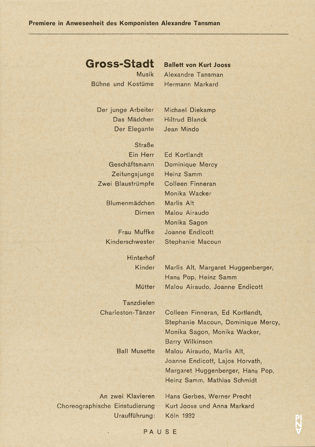 Abendzettel zu „Adagio – Fünf Lieder von Gustav Mahler“ und „Ich bring dich um die Ecke…“ von Pina Bausch mit Tanztheater Wuppertal und „Gross-Stadt“ von Kurt Jooss mit Tanztheater Wuppertal in Wuppertal, 8. Dezember 1974