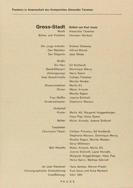 Programme pour « Adagio – Fünf Lieder von Gustav Mahler » et « Ich bring dich um die Ecke… » de Pina Bausch avec Tanztheater Wuppertal et « Gross-Stadt » de Kurt Jooss avec Tanztheater Wuppertal à Wuppertal, 8 décembre 1974