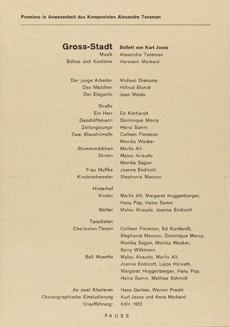 Programme pour « Adagio – Five Songs by Gustav Mahler » et « Ich bring dich um die Ecke… » de Pina Bausch avec Tanztheater Wuppertal et « Gross-Stadt » de Kurt Jooss avec Tanztheater Wuppertal à Wuppertal, 8 décembre 1974