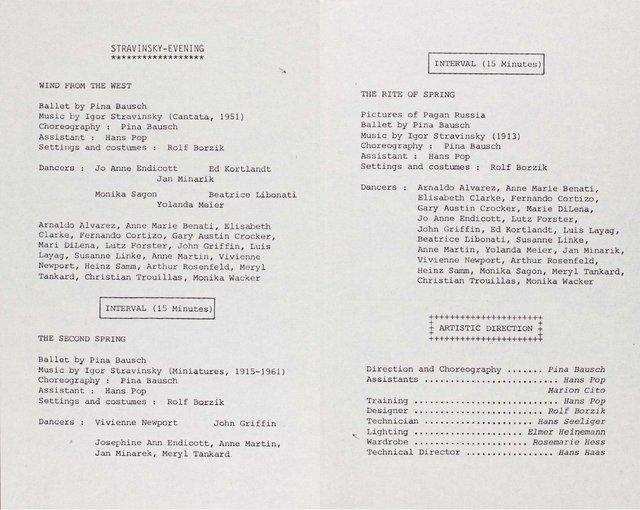 Evening leaflet for “The Rite of Spring”, “The Second Spring” and “Wind From West” by Pina Bausch, season 1978/79