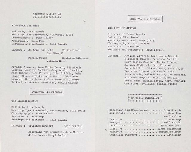 Abendzettel zu „Das Frühlingsopfer“, „Der zweite Frühling“ und „Wind von West“ von Pina Bausch, Spielzeit 1978/79