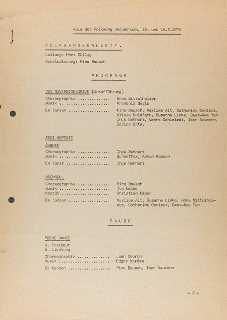 Programme pour « Nachnull (Après Zéro) » de Pina Bausch avec Folkwangballett, « 575 Riverside-Drive » de Anna Mittelholzer avec Jean Cébron – Pina Bausch, « Zwei Aspekte » et « Augure » de Katharine Inge Sehnert avec Folkwangballett et autres à Essen, 18 fév. 1971 – 19 fév. 1971