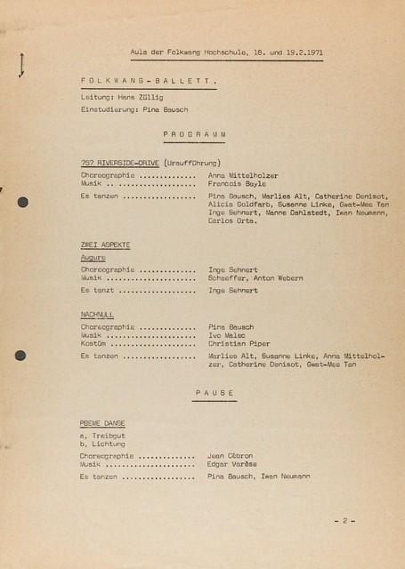 Abendzettel zu „Nachnull“ von Pina Bausch, „575 Riverside-Drive“ von Anna Mittelholzer, „Zwei Aspekte“ und „Augure“ von Katharine Inge Sehnert und weiteren in Essen, 18.02.1971–19.02.1971