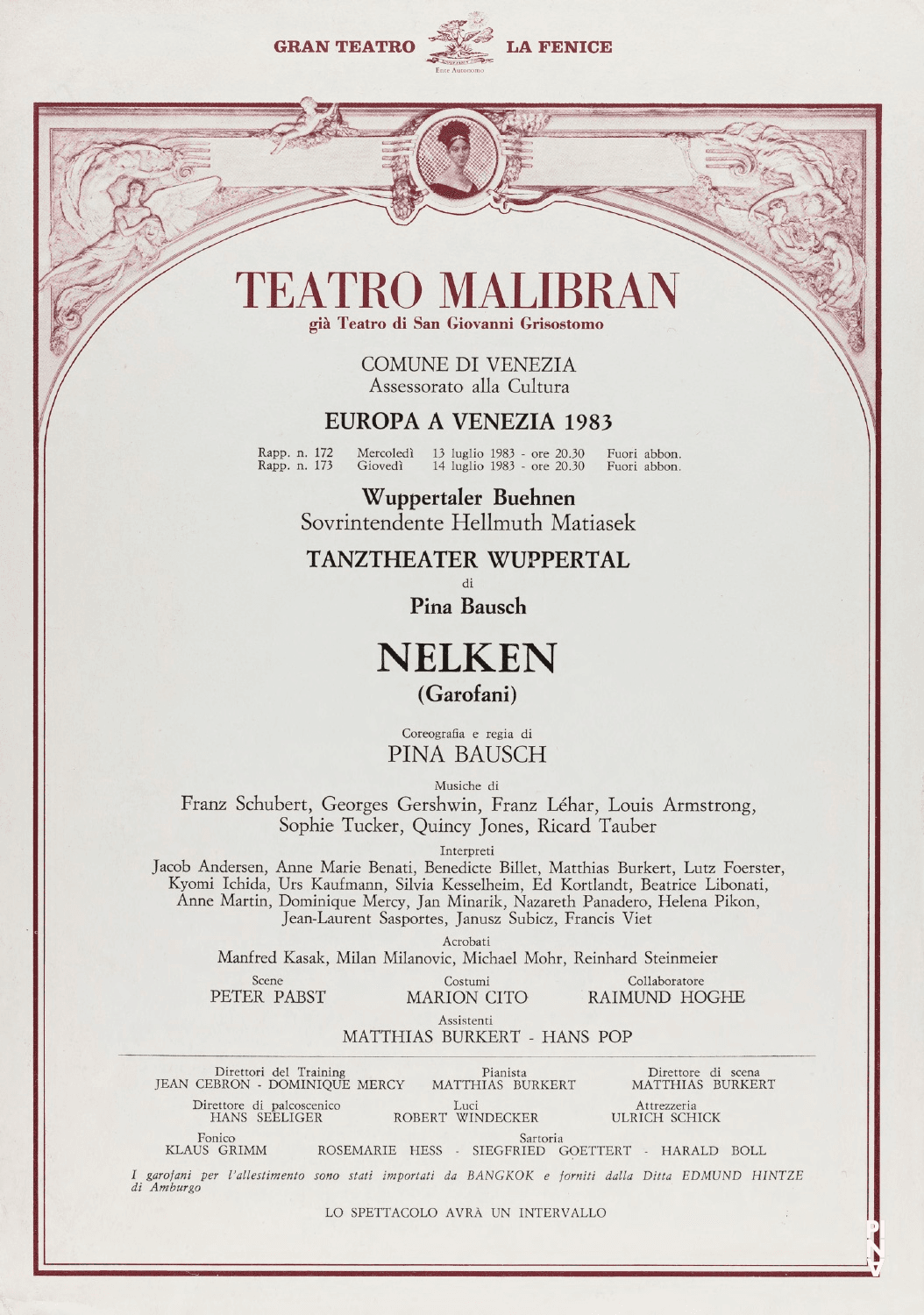 Abendzettel zu „Nelken“ von Pina Bausch mit Tanztheater Wuppertal in Venedig, 13.07.1983–14.07.1983