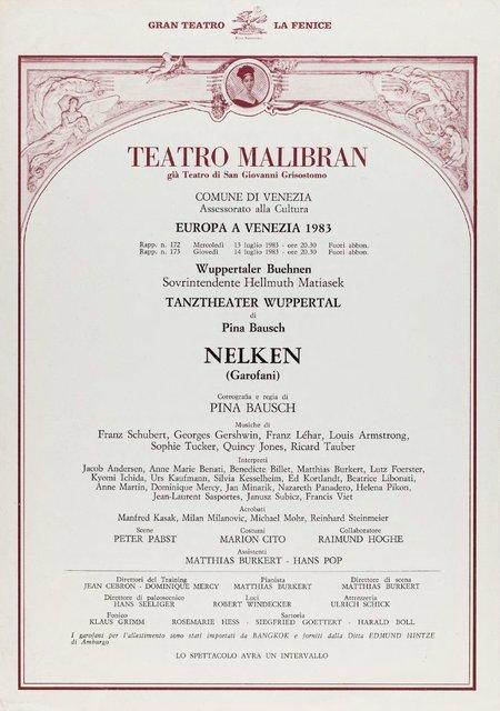 Evening leaflet for “Nelken (Carnations)” by Pina Bausch with Tanztheater Wuppertal in in Venice, 07/13/1983 – 07/14/1983