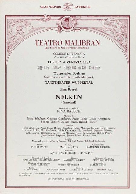 Abendzettel zu „Nelken“ von Pina Bausch mit Tanztheater Wuppertal in Venedig, 13.07.1983–14.07.1983