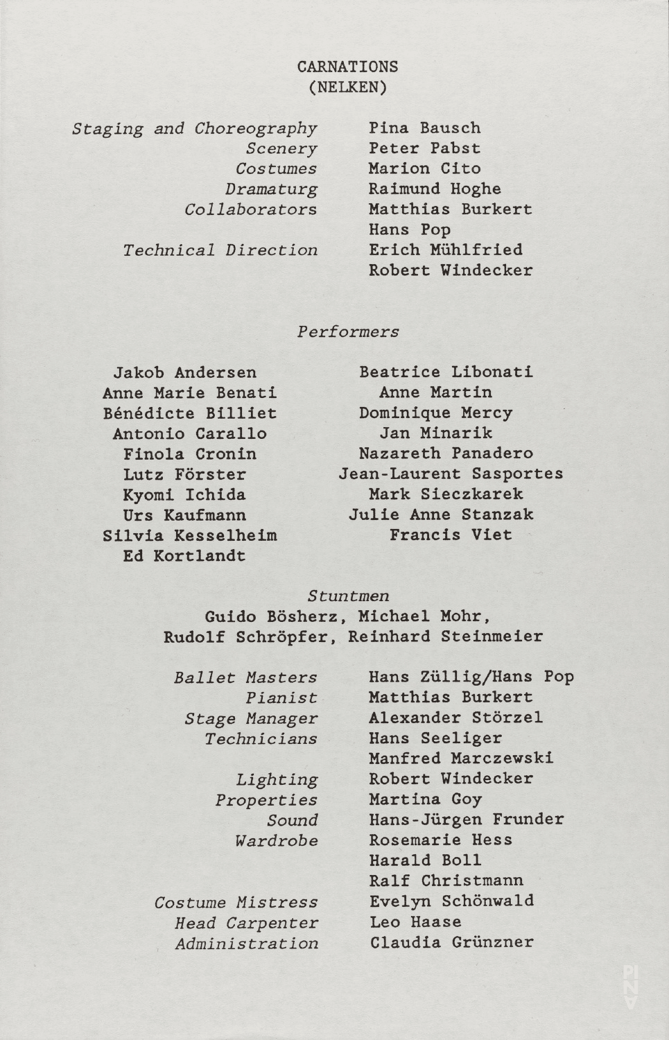 Programme pour « Nelken (Les œillets) » de Pina Bausch avec Tanztheater Wuppertal à New York, 5 juil. 1988 – 10 juil. 1988