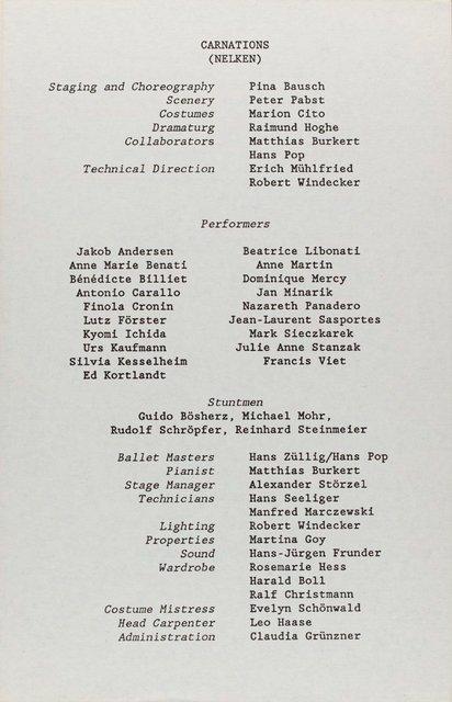 Abendzettel zu „Nelken“ von Pina Bausch mit Tanztheater Wuppertal in New York, 05.07.1988–10.07.1988