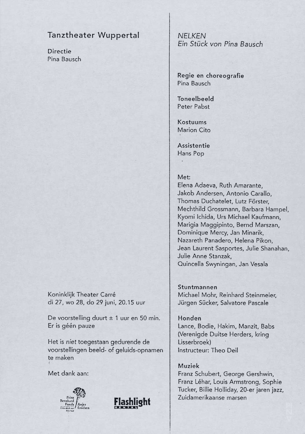 Programme pour « Nelken (Les œillets) » de Pina Bausch avec Tanztheater Wuppertal à Amsterdam, 27 juin 1995 – 29 juin 1995