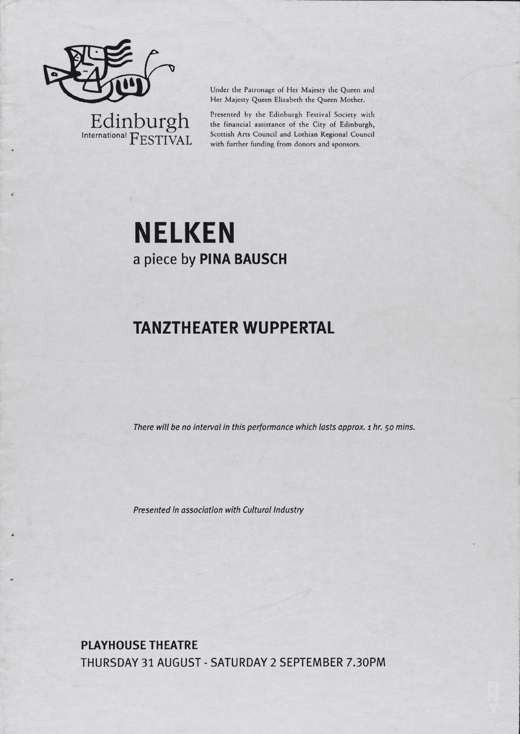 Programme pour « Nelken (Les œillets) » de Pina Bausch avec Tanztheater Wuppertal à Édimbourg, 31 août 1995 – 2 sept. 1995