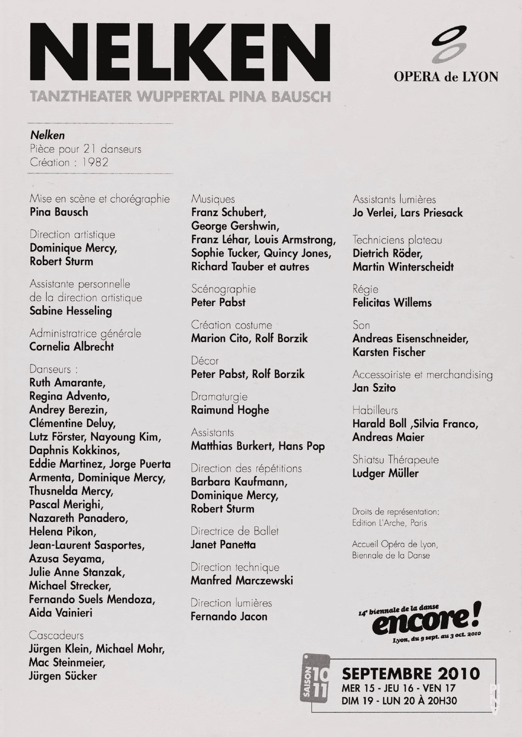 Evening leaflet for “Nelken (Carnations)” by Pina Bausch with Tanztheater Wuppertal in in Lyon, 09/15/2010 – 09/20/2010