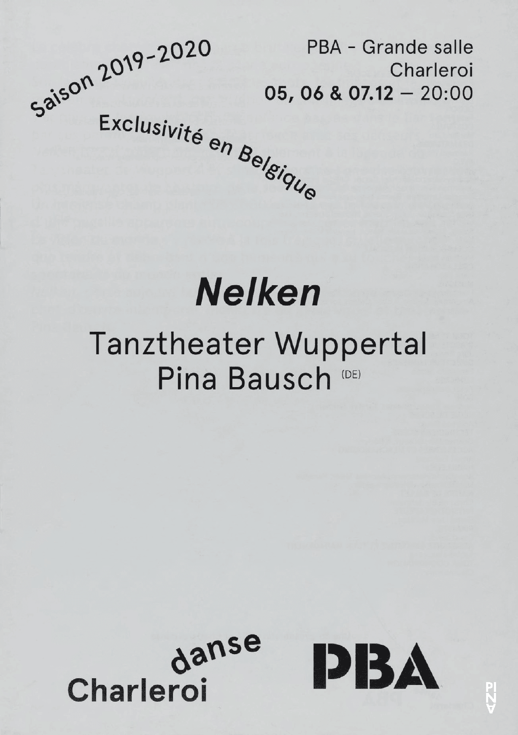 Booklet for “Nelken (Carnations)” by Pina Bausch with Tanztheater Wuppertal in in Charleroi, 12/05/2019 – 12/07/2019