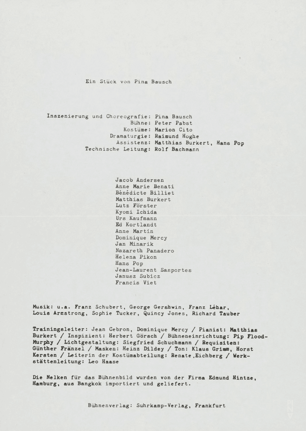 Programme pour « Nelken (Les œillets) » de Pina Bausch