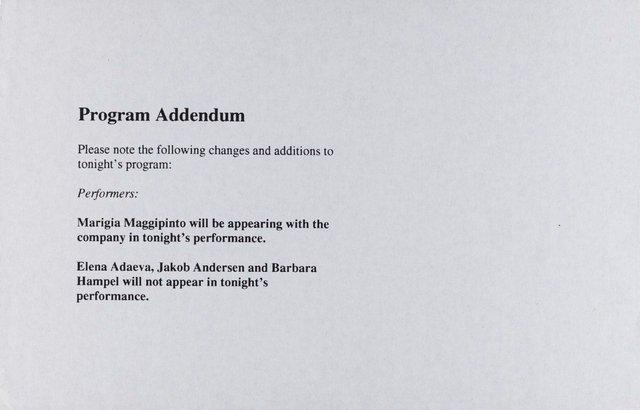 Insert for “Nur Du (Only You)” by Pina Bausch with Tanztheater Wuppertal in in Berkeley, 10/03/1996 – 10/05/1996